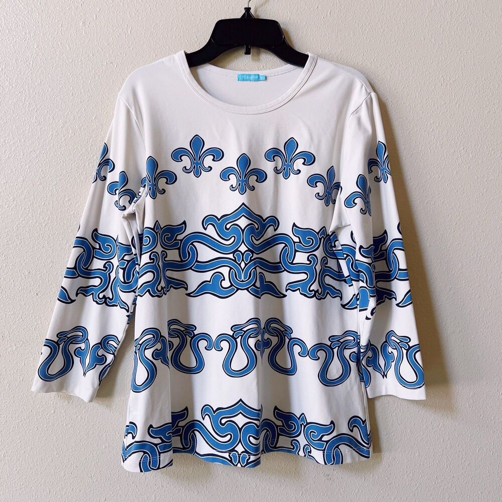 J McLaughlin White Top Catalina Cloth Stretchy Tee Medium Blue Fleur De Lis